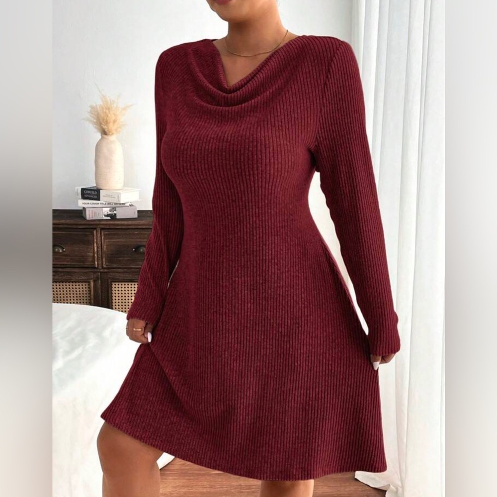 🌹‎ Chic Burgundy Knit Dress by SHEIN – Long Sleeve Elegance ✨ - Picture 2 of 5